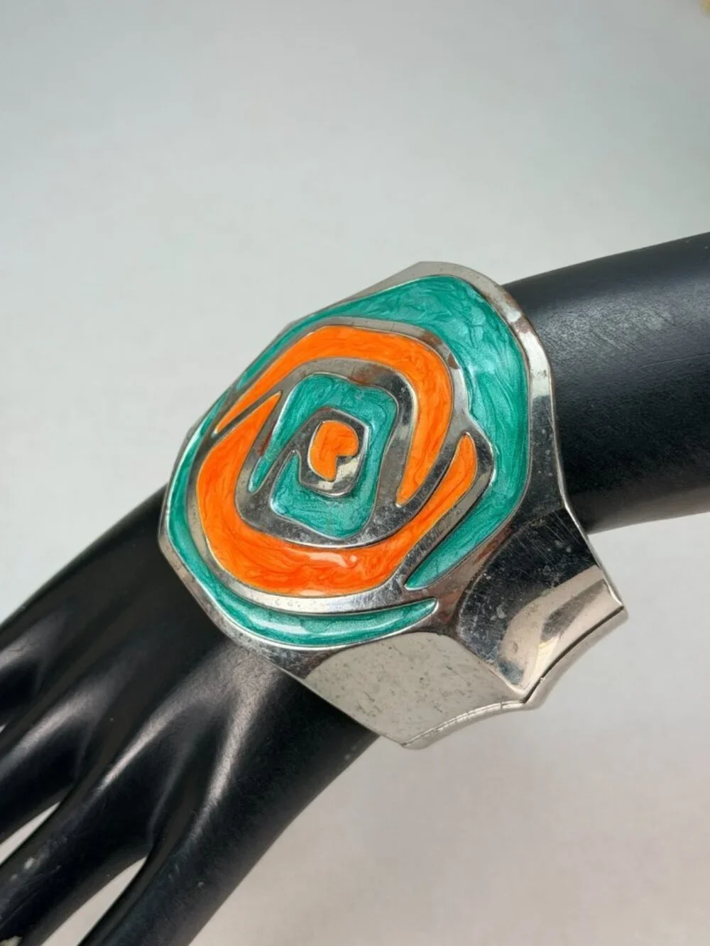 Modern Wide Enamel Hinged Bangle Bracelet Silver Tone Orange Green Abstract
